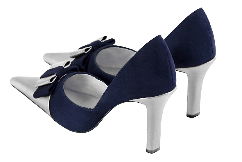 Light silver and navy blue women's open arch dress pumps. Pointed toe. Very high slim heel. Rear view - Florence KOOIJMAN